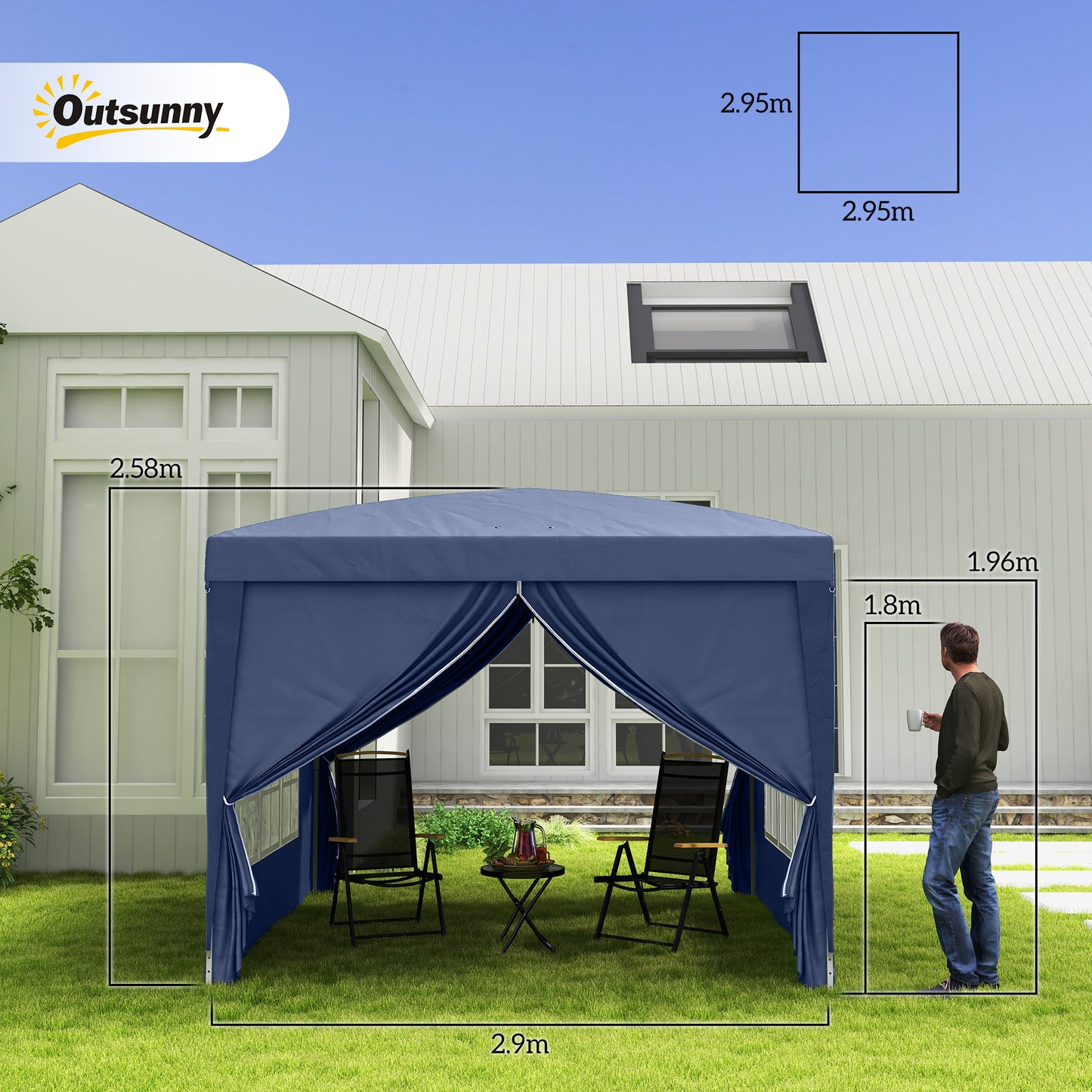 Outsunny 3x3(m) Pop-Up Gazebo, with Curtain Walls and Windows, Blue