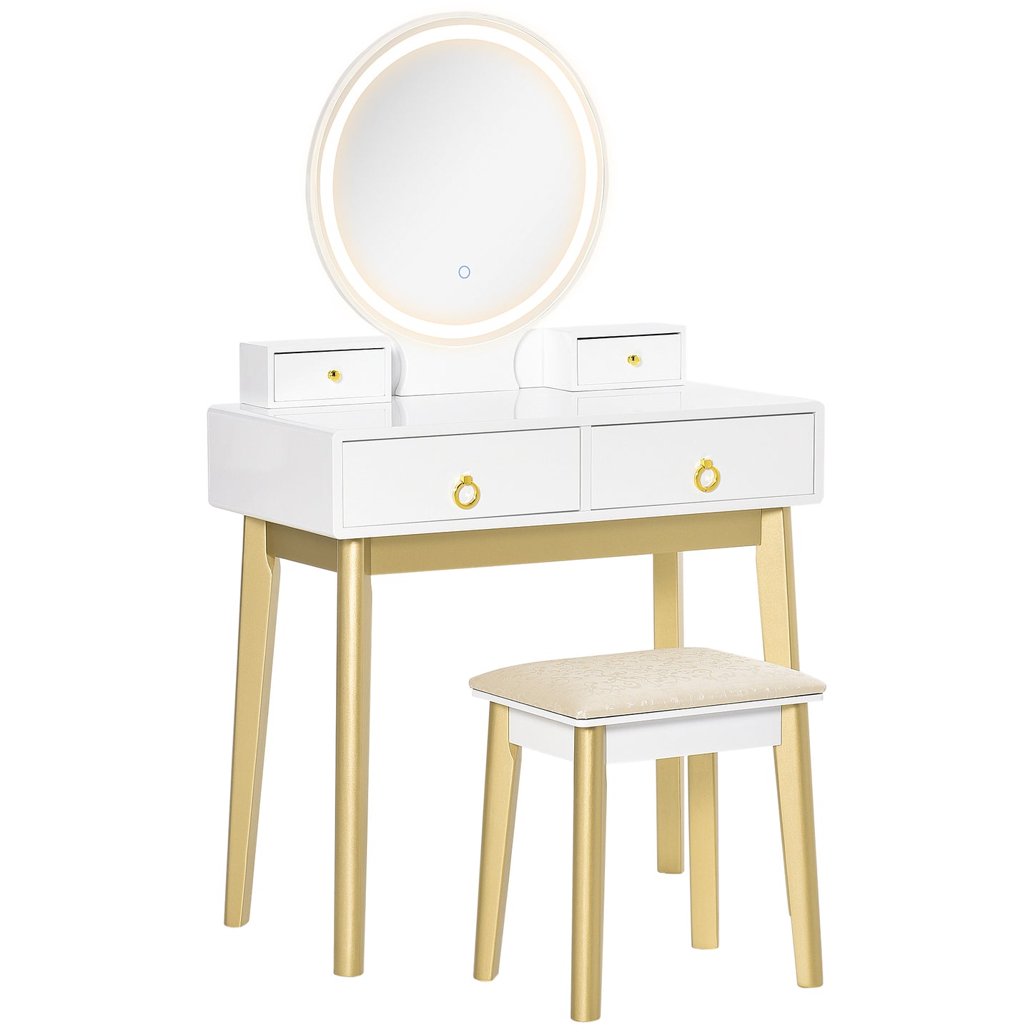 Photo of HOMCOM Dressing Table Set with Mirror, Built-in 3 Color LED Light, Vanity Makeup Table with 4 Drawers and Cushioned Stool for Bedroom, White in White colour on a white background