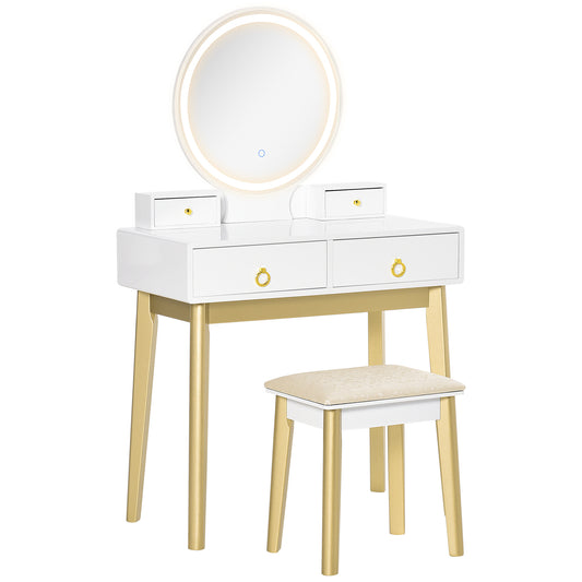 Photo of HOMCOM Dressing Table Set with Mirror, Built-in 3 Color LED Light, Vanity Makeup Table with 4 Drawers and Cushioned Stool for Bedroom, White in White colour on a white background