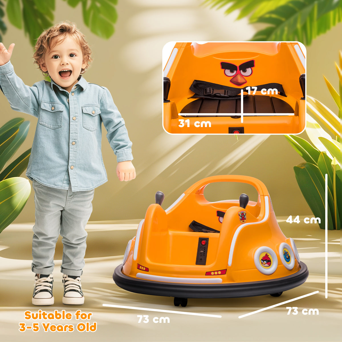 Orange bumper car with joystick controls, Angry Birds graphics and dimensions of 73 by 73 by 44 cm