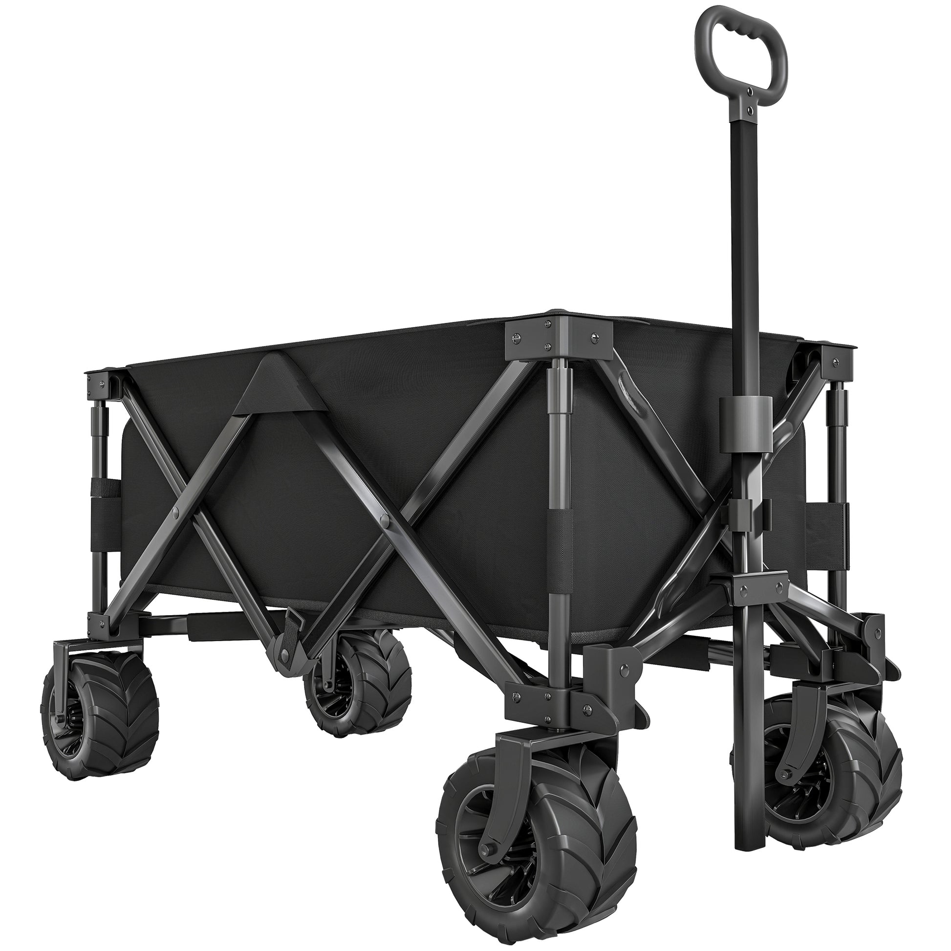 Photo of Outsunny Outdoor Folding Garden Trolley on Wheels, Capming Cargo Wagon Cart Trailer w/ Handle, Wheels for Beach Garden, Black in Black colour on a white background