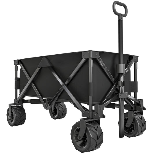 Photo of Outsunny Outdoor Folding Garden Trolley on Wheels, Capming Cargo Wagon Cart Trailer w/ Handle, Wheels for Beach Garden, Black in Black colour on a white background