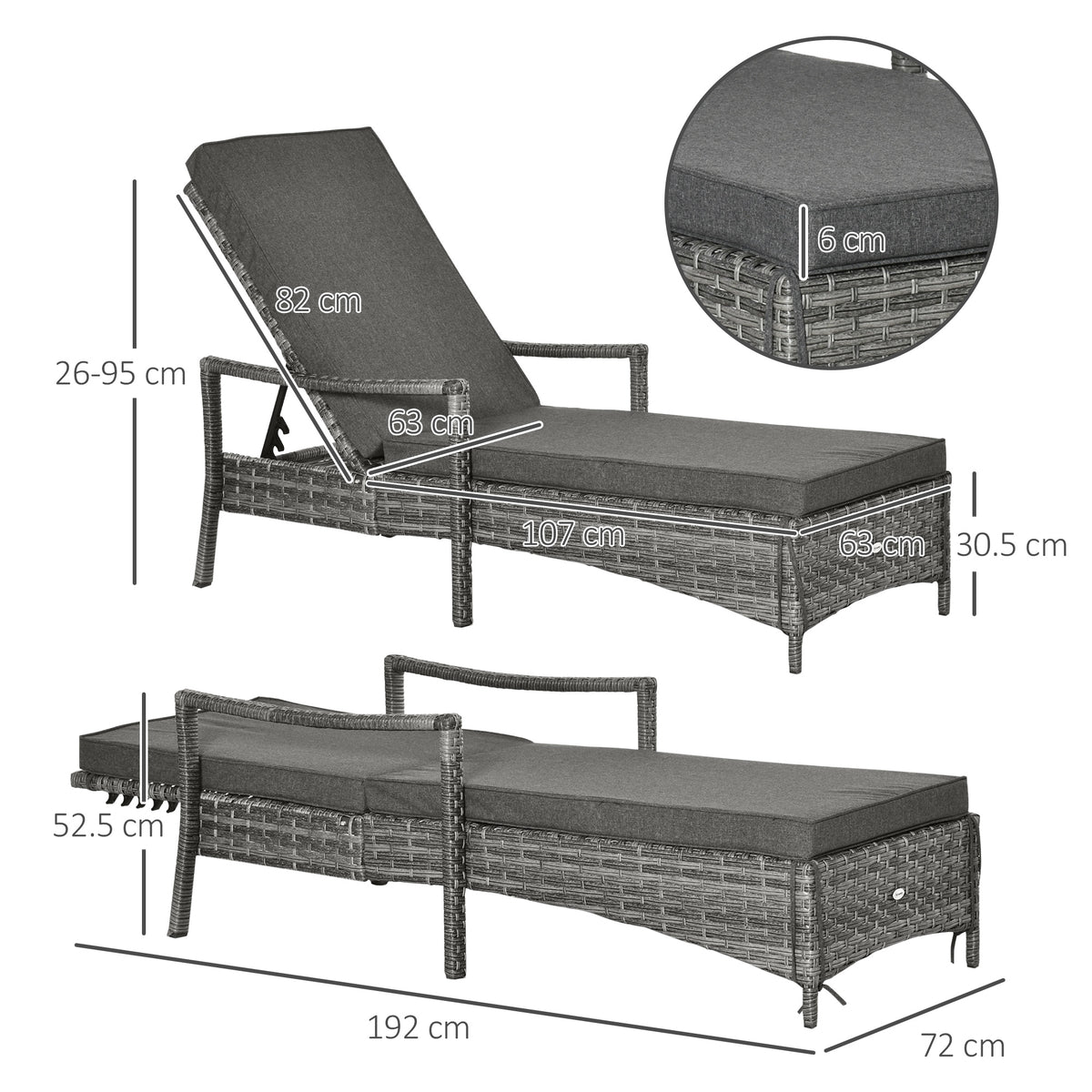 Mixed gray rattan sun lounger with cushioned adjustable backrest and dimension measurements