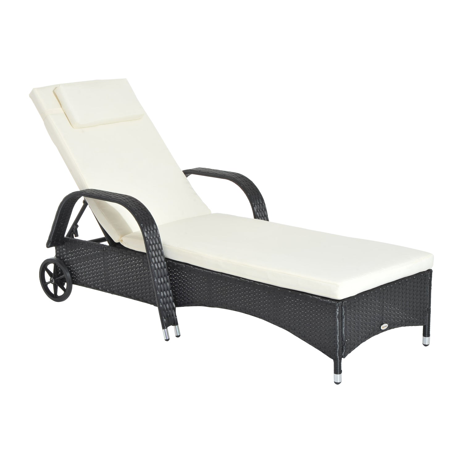 Photo of Outsunny Rattan Sun Lounger, Garden Lounger Recliner with Wheels and Adjustable Backrest, Outdoor Reclining Sunbed Garden Chair with Cushion and Headrest for Patio, Beach, Terrace, Black in Black colour on a white background