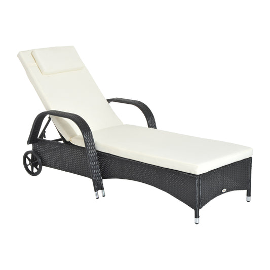Photo of Outsunny Rattan Sun Lounger, Garden Lounger Recliner with Wheels and Adjustable Backrest, Outdoor Reclining Sunbed Garden Chair with Cushion and Headrest for Patio, Beach, Terrace, Black in Black colour on a white background