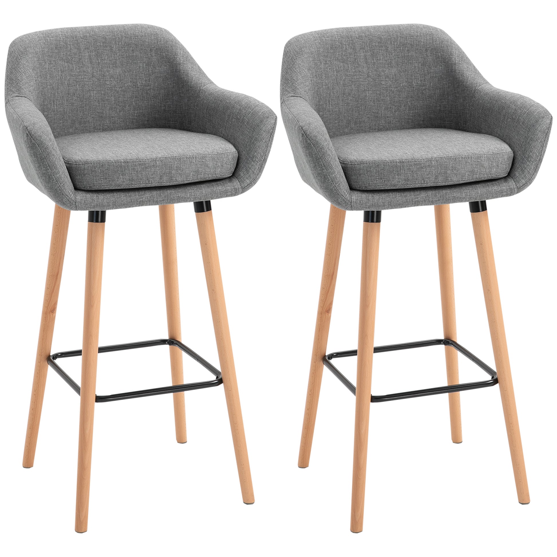 Photo of HOMCOM Set of 2 Bar Stools Modern Upholstered Seat Bar Chairs w/ Metal Frame, Solid Wood Legs Living Room Dining Room Fabric Furniture - Grey in Grey colour on a white background