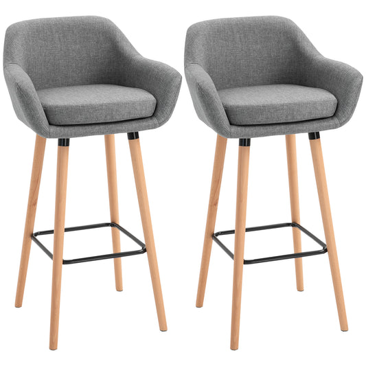 Photo of HOMCOM Set of 2 Bar Stools Modern Upholstered Seat Bar Chairs w/ Metal Frame, Solid Wood Legs Living Room Dining Room Fabric Furniture - Grey in Grey colour on a white background