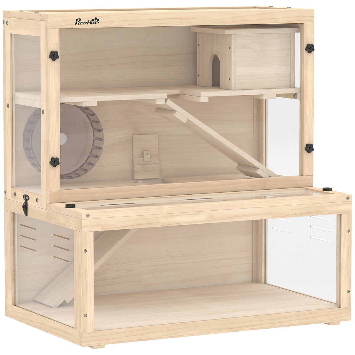 Photo of PawHut Wooden Hamster Cage with Hut, Wheel, Ramps, Removable Viewing Panels, 80 x 50 x 84 cm, Natural in Natural colour on a white background