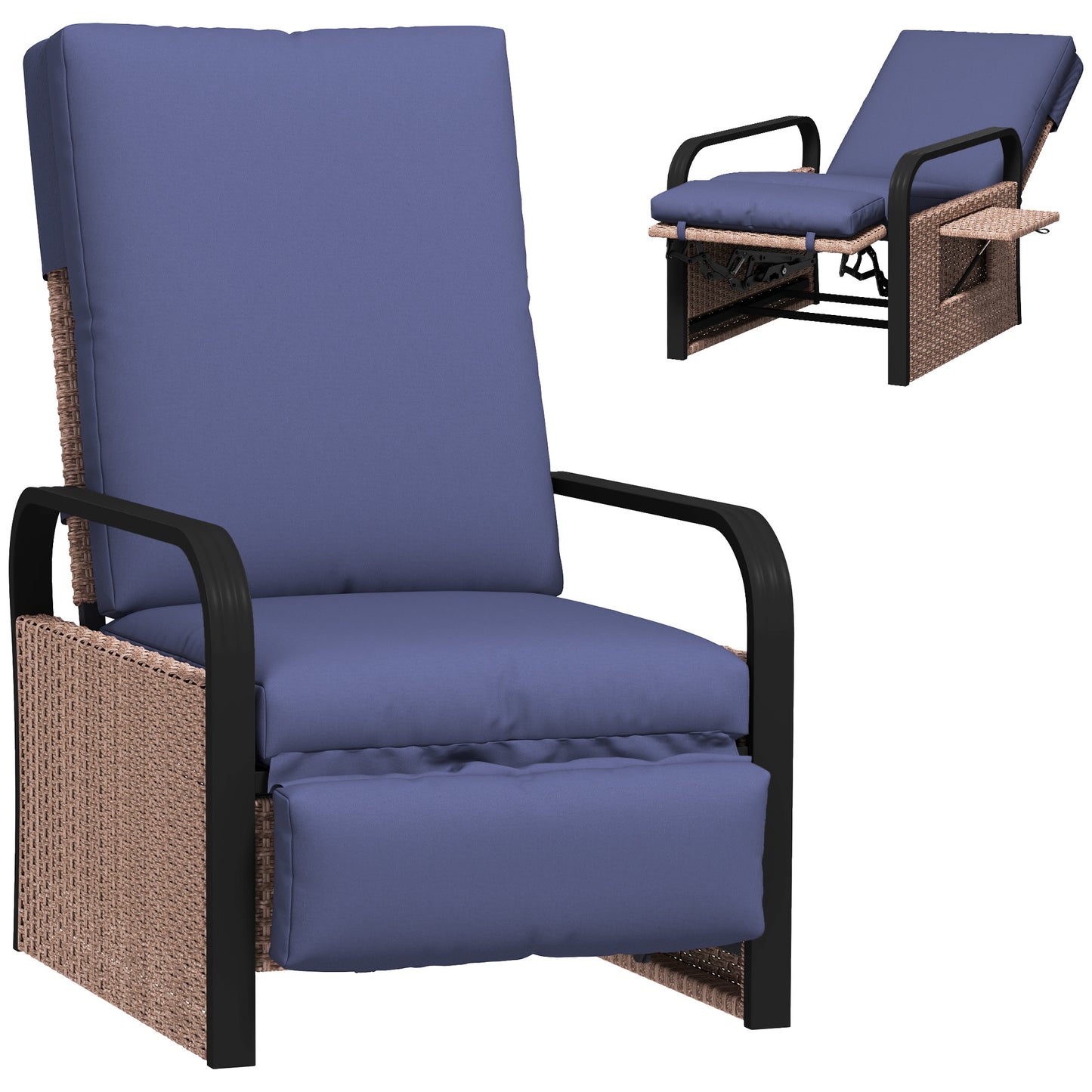 Photo of Outsunny 140° Reclining Rattan Armchair - Brown/Blue in Brown/Blue colour on a white background