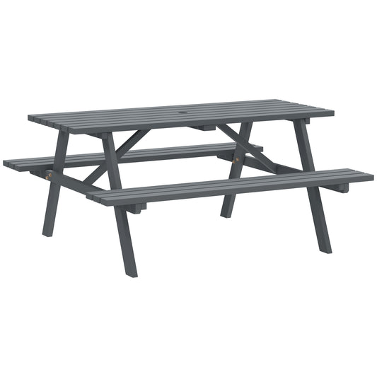 Photo of Outsunny 6 Seater Wooden Picnic Table Bench for Outdoor Garden or Patio with Parasol Cutout 150 cm Grey in Grey colour on a white background