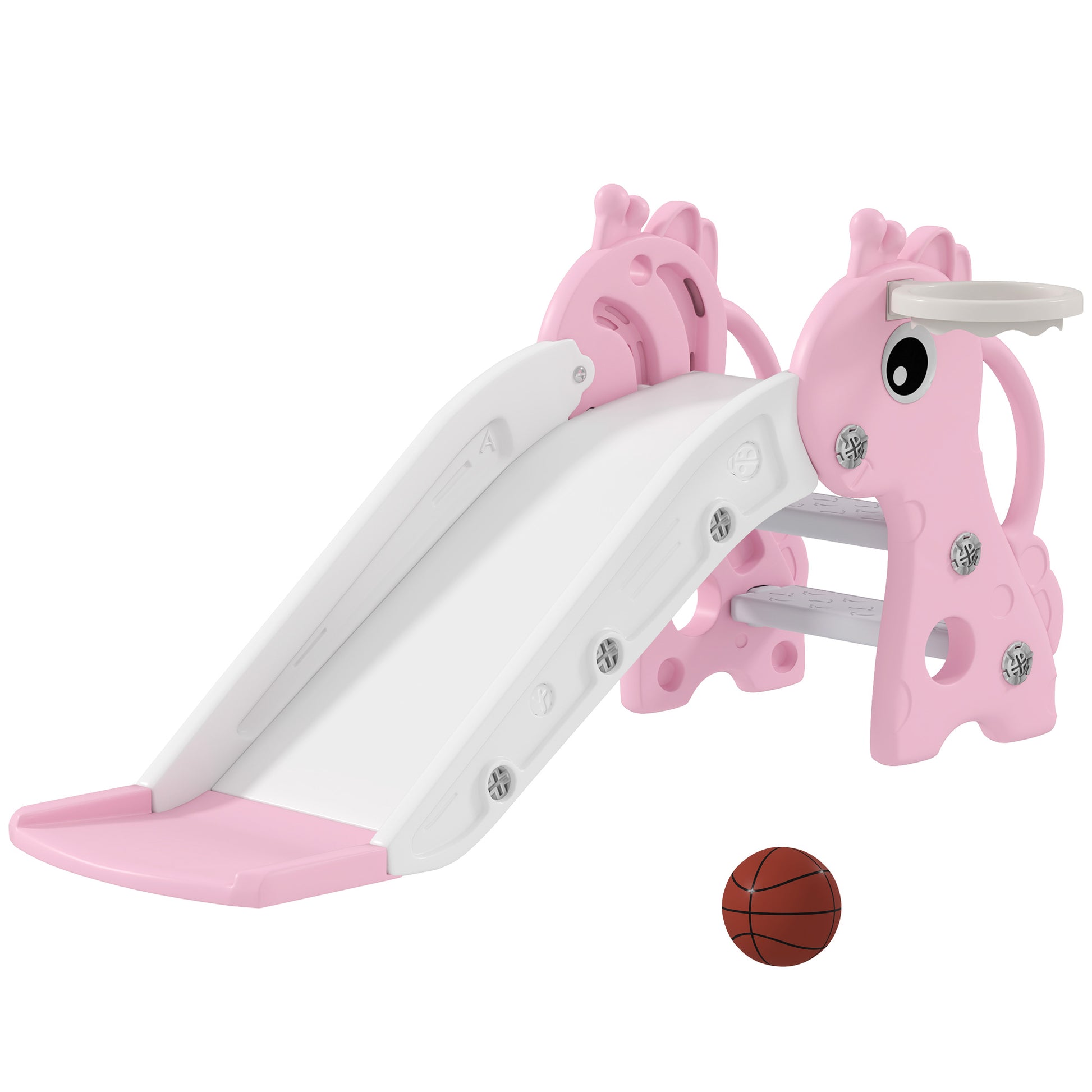 Photo of AIYAPLAY 3 in 1 Kids Slide with Climber, Basketball Hoop and Ball, Giraffe Shape Climber Slide for Indoor Kids Age 1-3, Pink in Pink colour on a white background