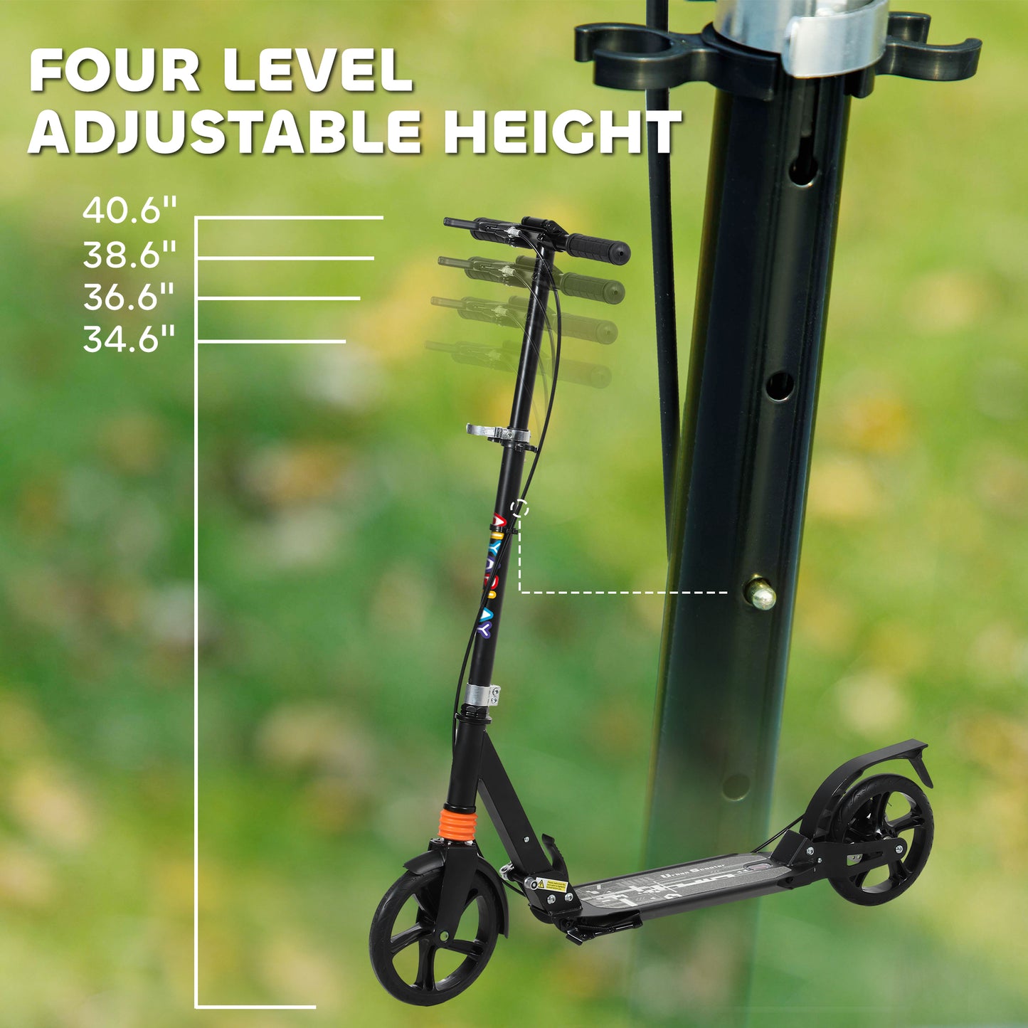 AIYAPLAY Kids Scooter with Four-Level Adjustable Handlebar, Dual Brake System, 200mm Wheels, ABEC-7 Bearings, Black
