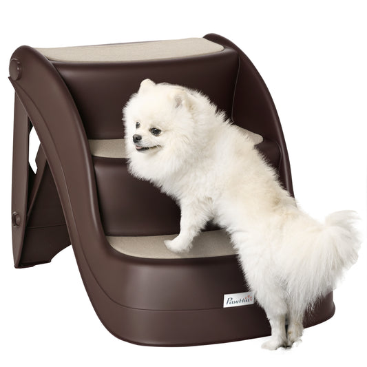 Brown three-step dog stairs with a small white dog climbing