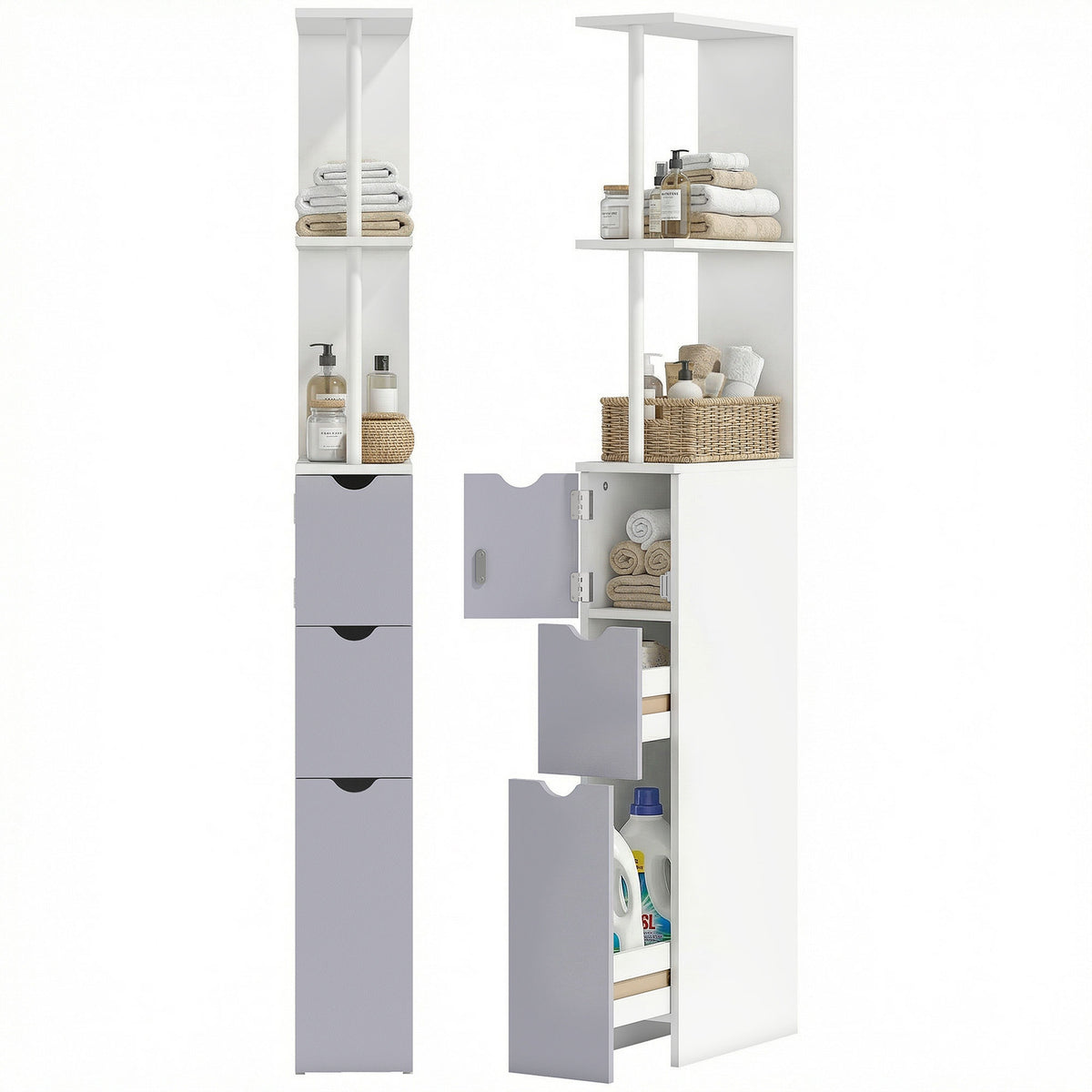 HOMCOM slim bathroom cabinet in white and gray, with open shelves, a small door cabinet, and drawers