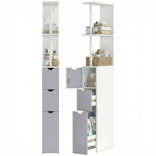 HOMCOM slim bathroom cabinet in white and gray, with open shelves, a small door cabinet, and drawers