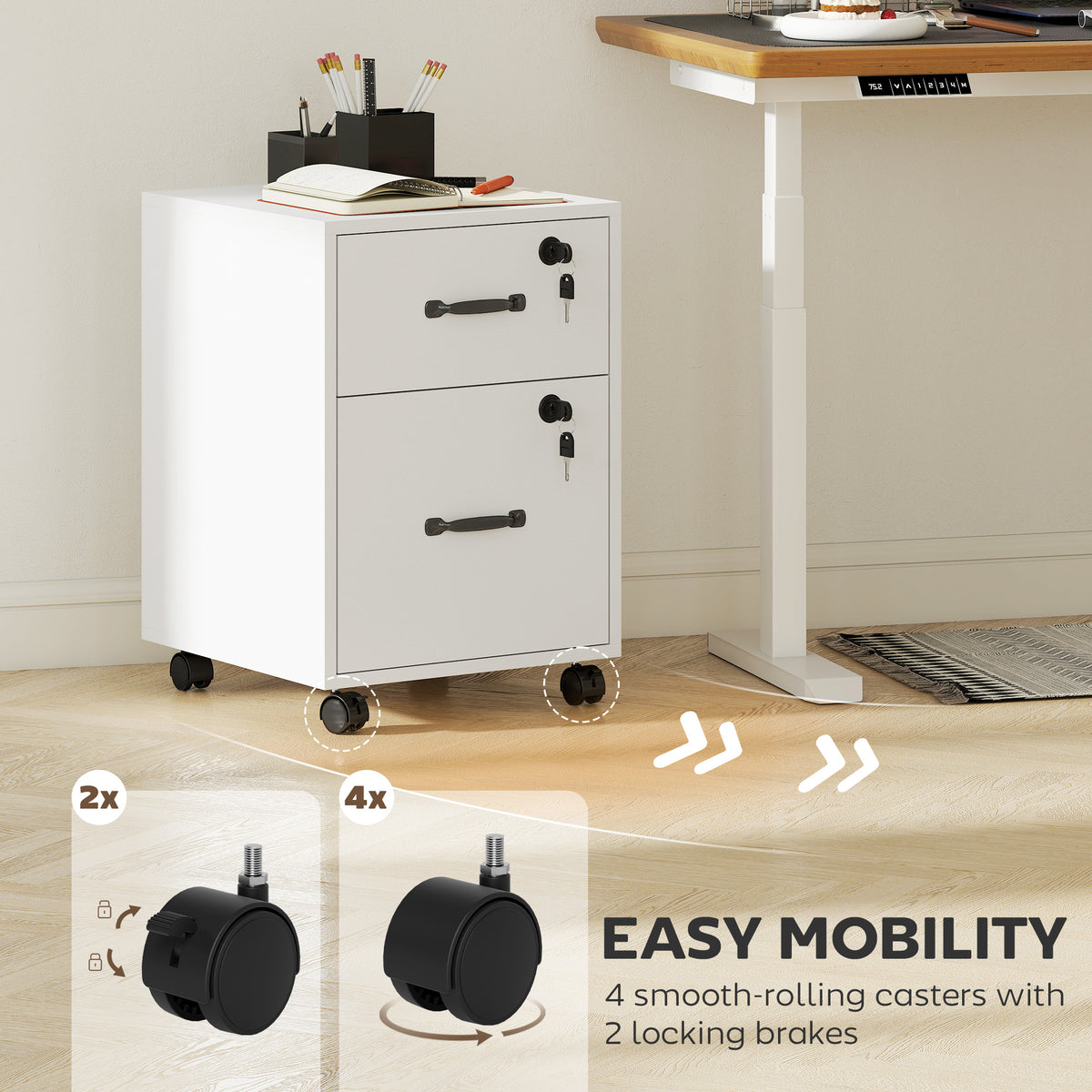 White two-drawer filing cabinet with four caster wheels, including two locking casters