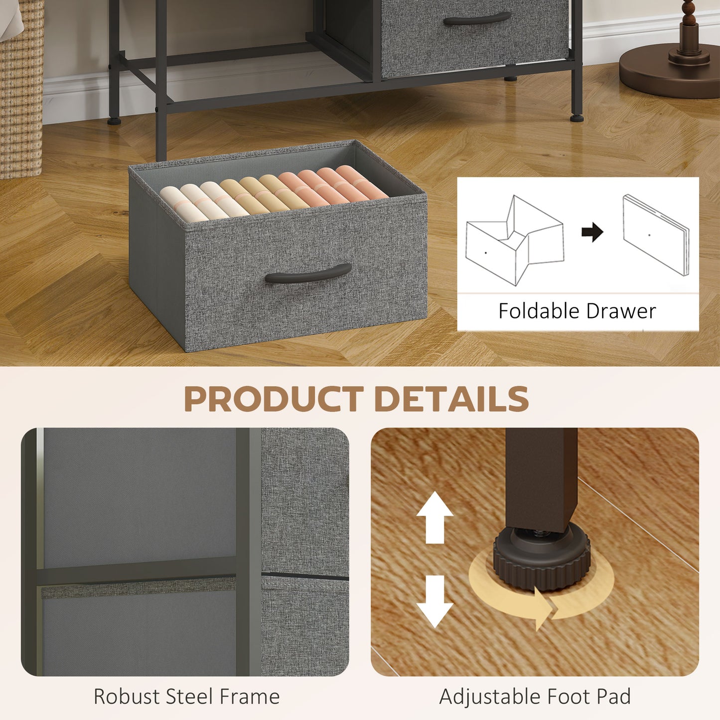 HOMCOM Fabric Chest of Drawers, Industrial Bedroom Dresser with 8 Fabric Drawers, Steel Frame and Wooden Top for Nursery, Living Room, Hallway, Rustic Brown and Grey