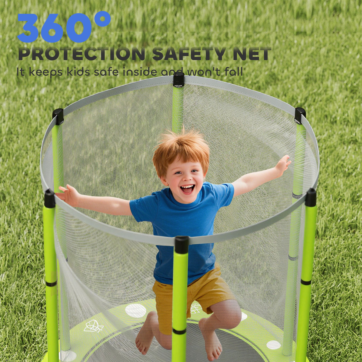 AIYAPLAY 4.6ft Toddler Trampoline w/ Safety Enclosure Net, for Indoor Outdoor Use, Ages 3-6 Years, Green
