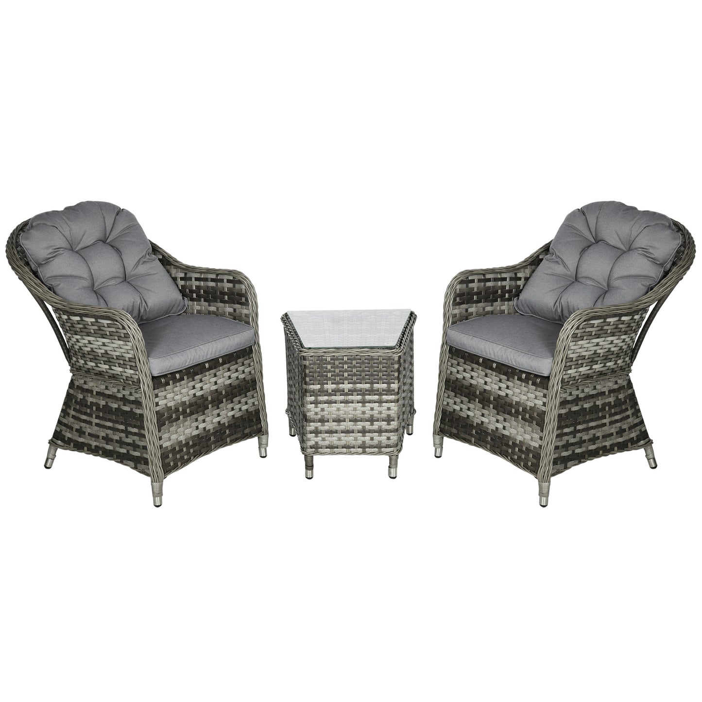 Photo of Outsunny 3 Pieces Rattan Bistro Set, Wicker Garden Bistro Set, Glass Top Balcony Table and Chairs with Cushions for Outdoor, Patio, Balcony, Grey in Grey colour on a white background