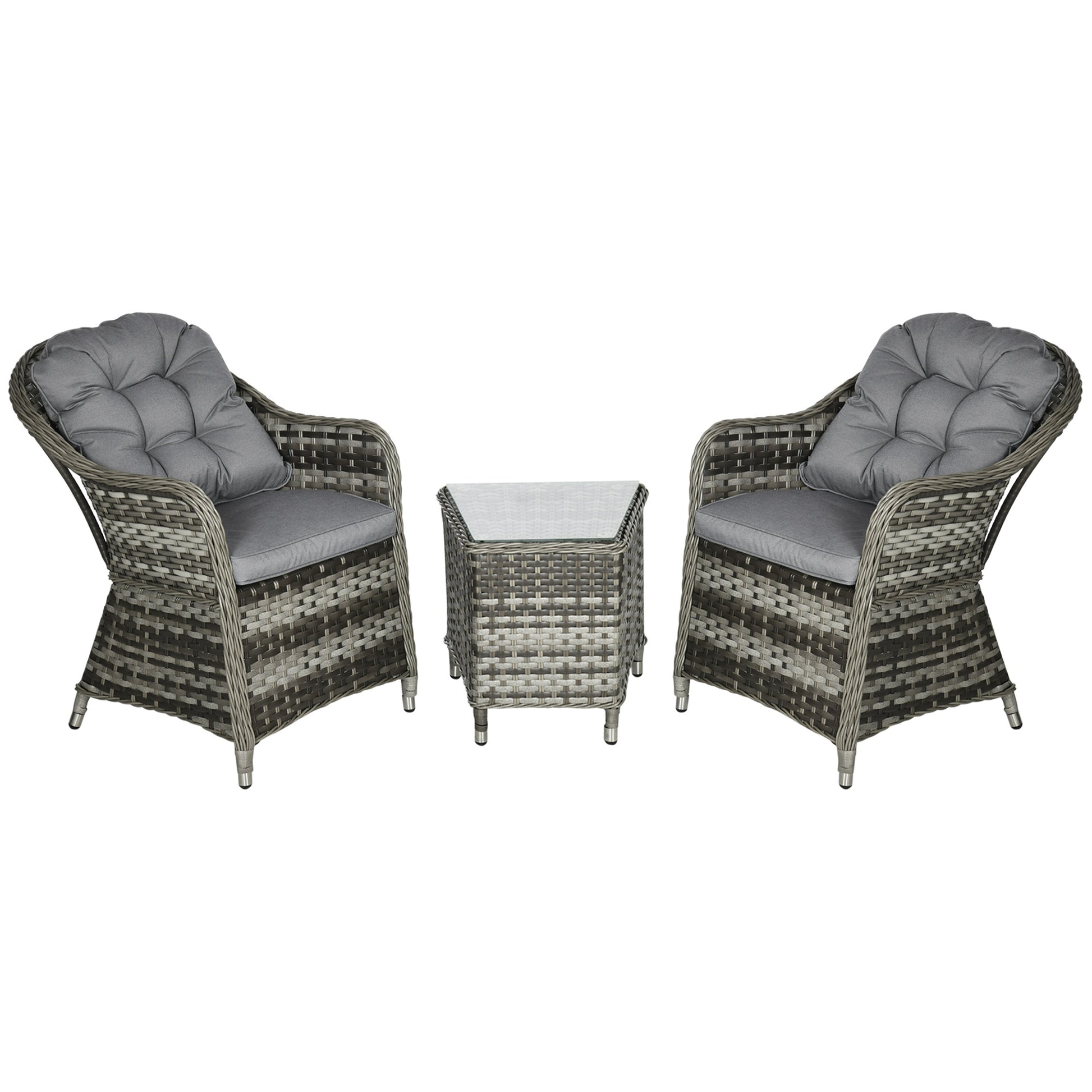 Photo of Outsunny 3 Pieces Rattan Bistro Set, Wicker Garden Bistro Set, Glass Top Balcony Table and Chairs with Cushions for Outdoor, Patio, Balcony, Grey in Grey colour on a white background