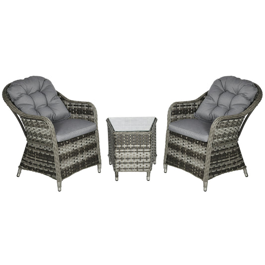 Photo of Outsunny 3 Pieces Rattan Bistro Set, Wicker Garden Bistro Set, Glass Top Balcony Table and Chairs with Cushions for Outdoor, Patio, Balcony, Grey in Grey colour on a white background