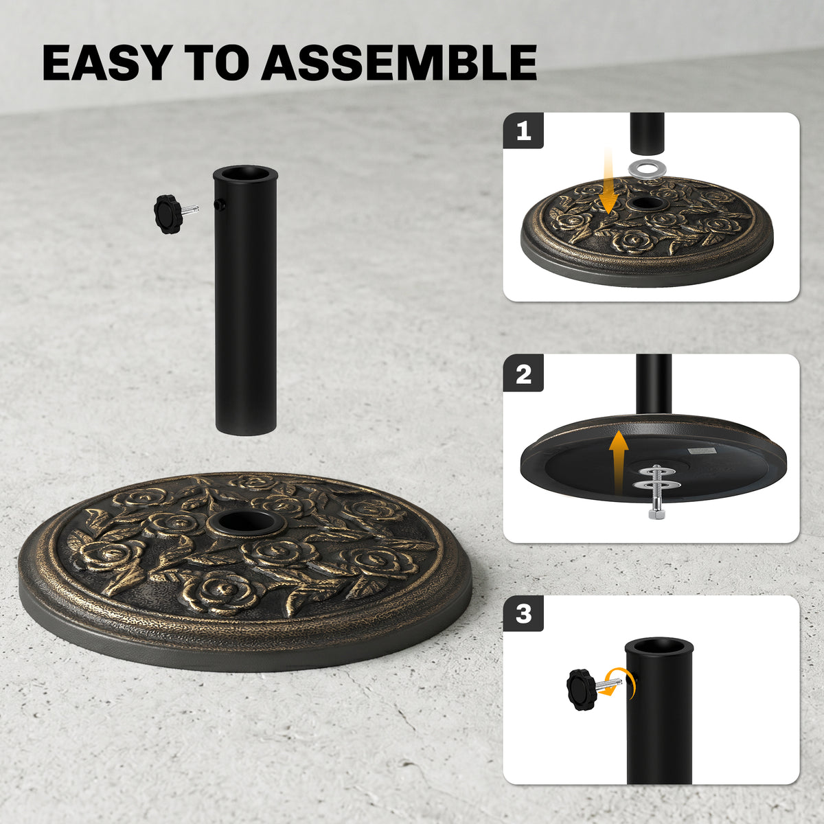 Parasol base shown in separate parts with assembly steps
