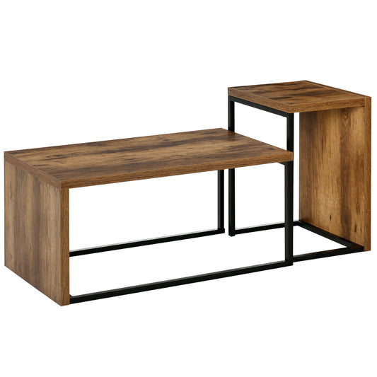 Set of two rustic brown nesting coffee tables with black metal frames, one tucked under the other.