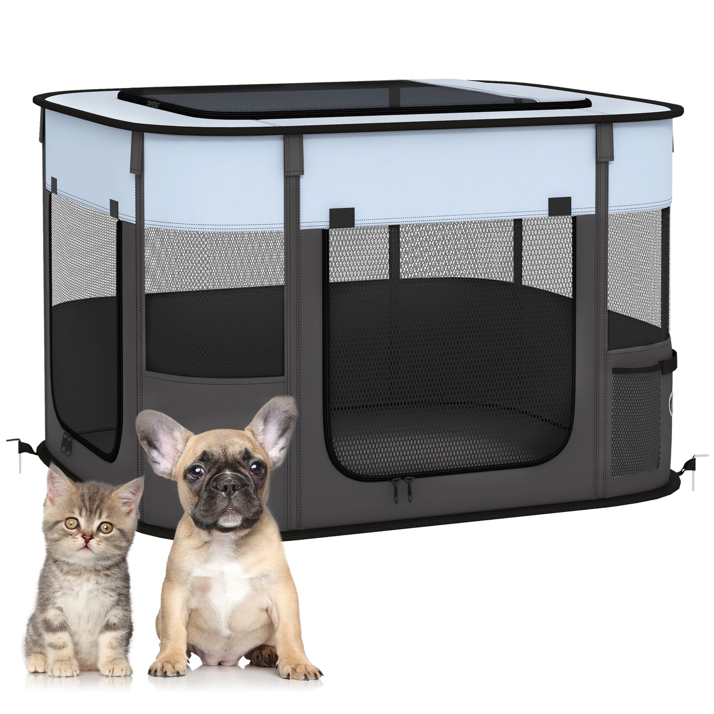 Photo of PawHut Foldable Dog Pen with Storage Bag for Indoor/Outdoor Use, Portable Pet playpen, with Ground Stakes - Grey in Grey colour on a white background