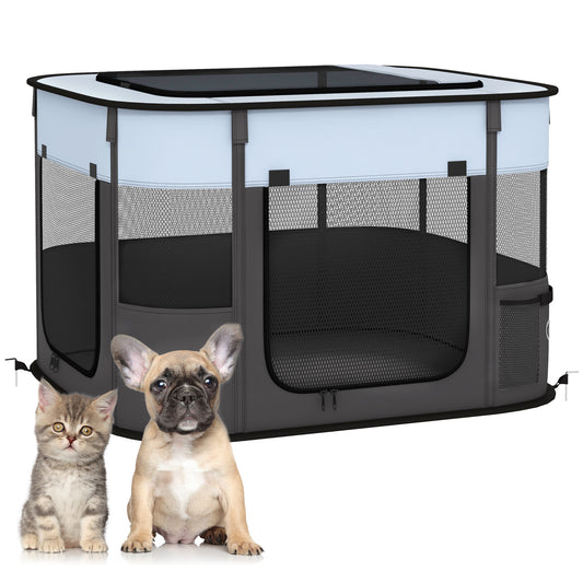 Photo of PawHut Foldable Dog Pen with Storage Bag for Indoor/Outdoor Use, Portable Pet playpen, with Ground Stakes - Grey in Grey colour on a white background