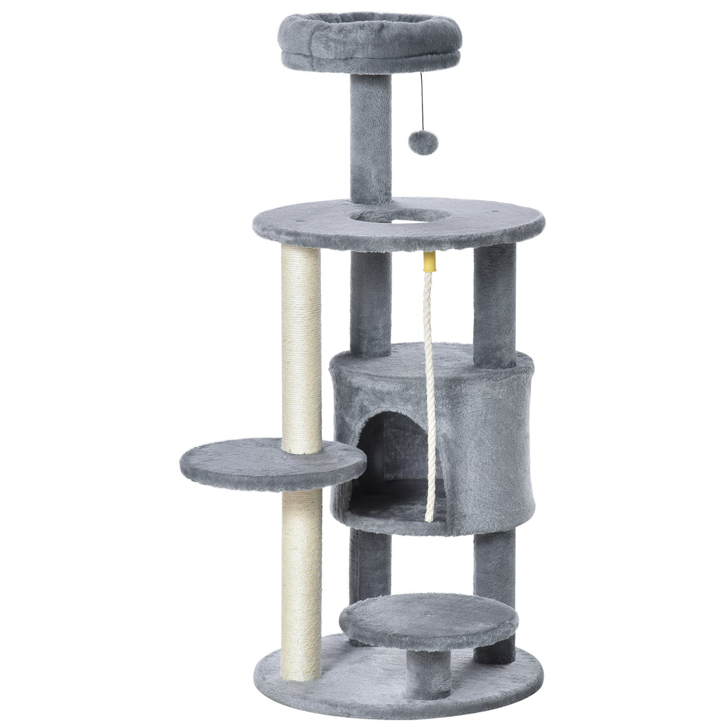 Photo of PawHut Cat Tree Tower for Indoor Cats 112cm Climbing Kitten Activity Center with Jute Scratching Post Perch Hanging Ball Toy Teasing Rope Dark grey in grey colour on a white background