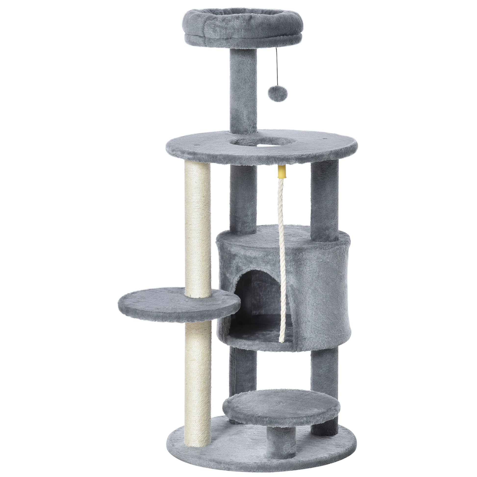 Photo of PawHut Cat Tree Tower for Indoor Cats 112cm Climbing Kitten Activity Center with Jute Scratching Post Perch Hanging Ball Toy Teasing Rope Dark grey in grey colour on a white background
