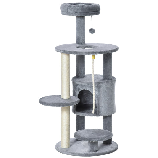 Photo of PawHut Cat Tree Tower for Indoor Cats 112cm Climbing Kitten Activity Center with Jute Scratching Post Perch Hanging Ball Toy Teasing Rope Dark grey in grey colour on a white background