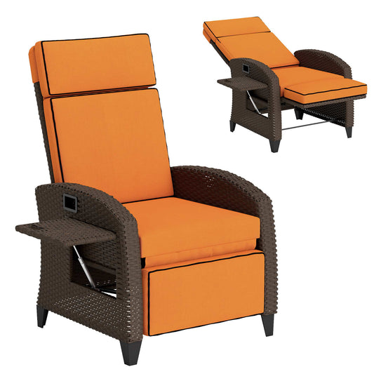 Photo of Outsunny Garden Recliner with Cushion, Outdoor Recliner Chair with Adjustable Backrest & Footrest, Side Tray, Orange in Orange colour on a white background