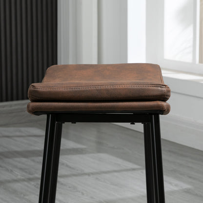 Brown upholstered bar stool with a padded curved seat and black steel legs