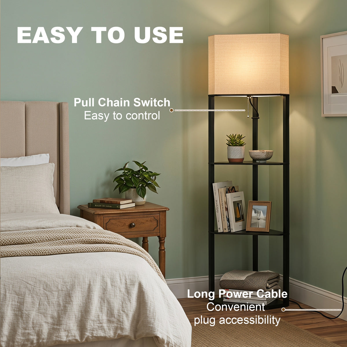 Black corner floor lamp with beige shade, pull chain switch, and open shelves