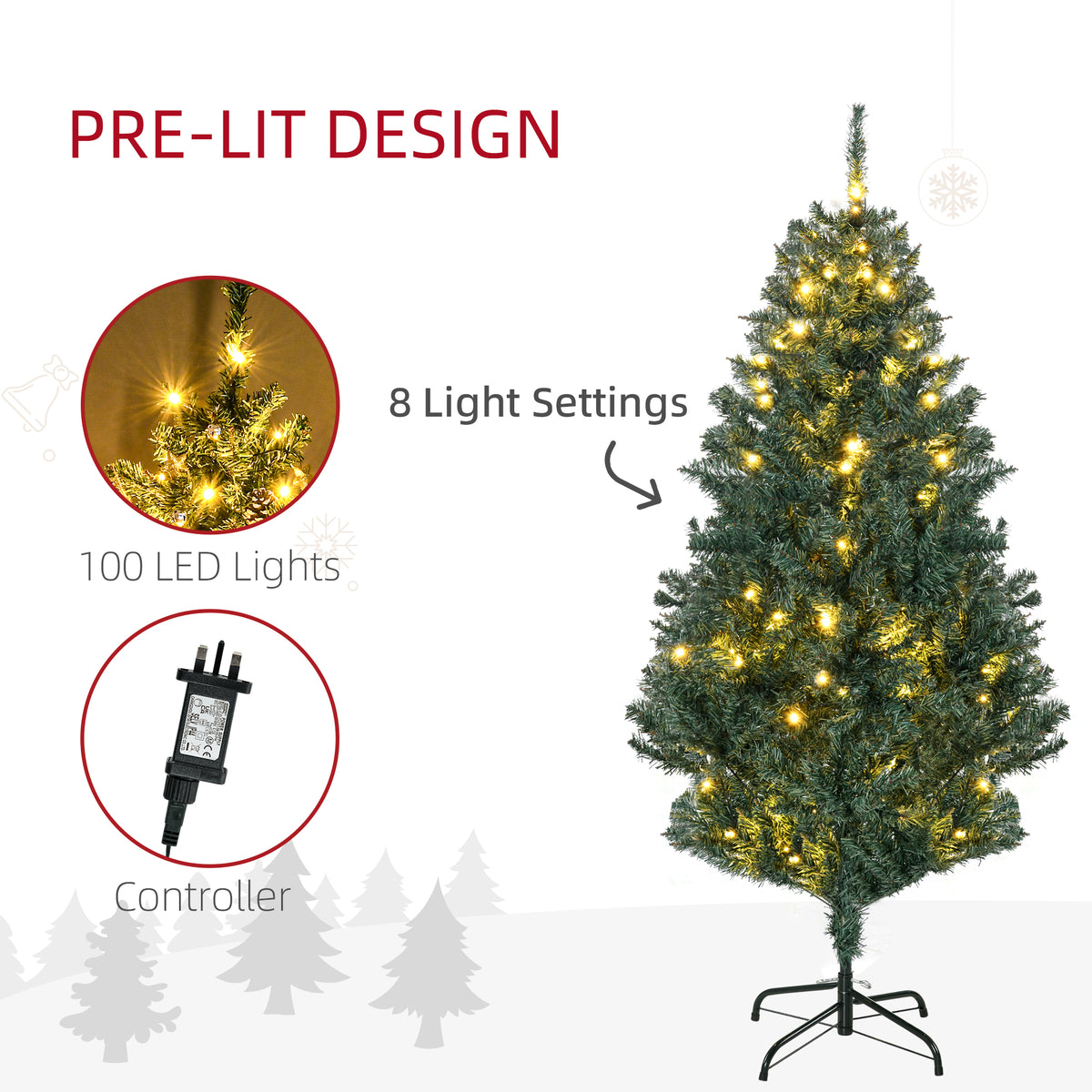 HOMCOM 5' Artificial Prelit Christmas Trees Holiday Décor with Warm White LED Lights, Decoration, Banner, Tag, Ball