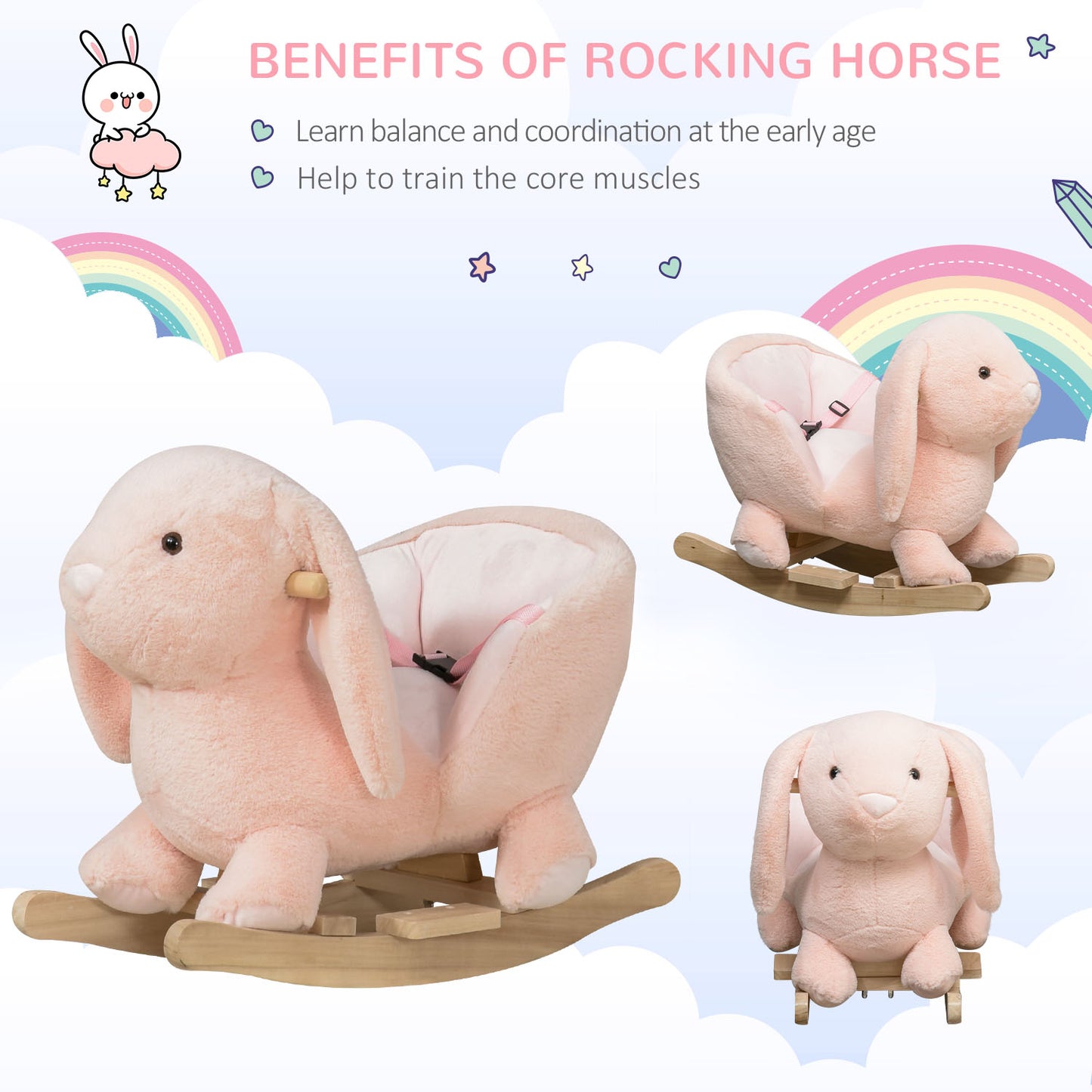 HOMCOM Baby Rocking Horse, Plush Baby Rocker Rabbit Ride-On Toy with Sound, Wood Base, Seatbelt, for Ages 18-36 Months, Pink