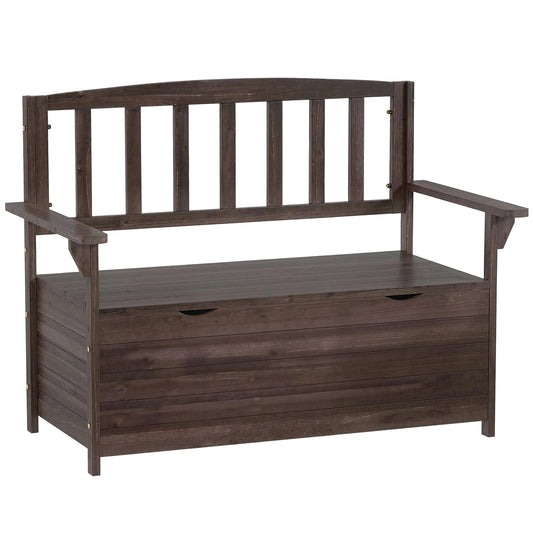 Photo of Outsunny Outdoor 2 Seater Garden Bench, Wooden Bench with Storage, Backrest, Arm Rests, 112 x 84 x 58 cm, Brown in Brown colour on a white background