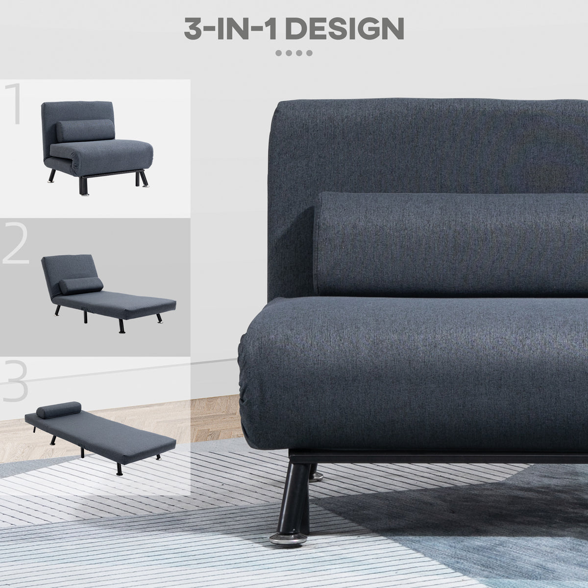 HOMCOM convertible chair shown in three positions, from seat to flat sleeper bed