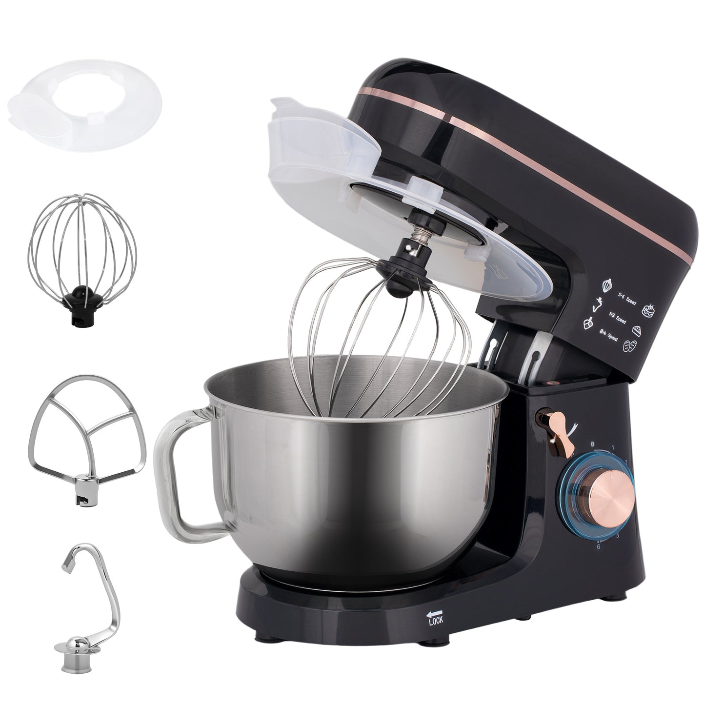 Photo of HOMCOM Stand Mixer, 5L Food Mixer for Baking, 6 Speeds and Pulse Setting, 1400W Cake Electric Kitchen Mixer with Dough Hook, Whisk, Stainless Steel Bowl, Splash Guard, Beater, Black in Black colour on a white background