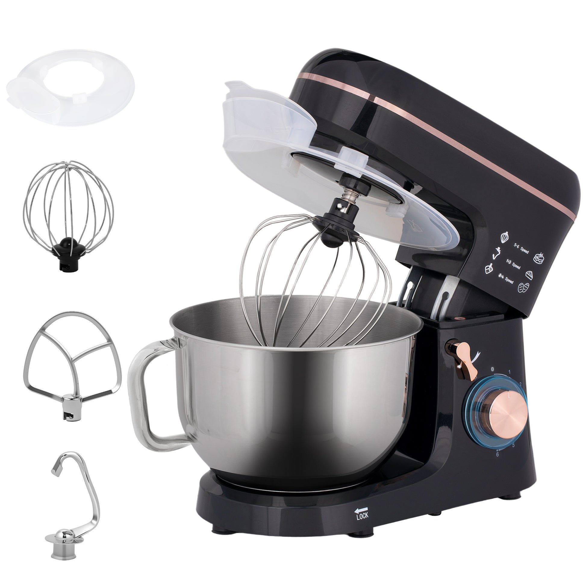 Photo of HOMCOM Stand Mixer, 5L Food Mixer for Baking, 6 Speeds and Pulse Setting, 1400W Cake Electric Kitchen Mixer with Dough Hook, Whisk, Stainless Steel Bowl, Splash Guard, Beater, Black in Black colour on a white background