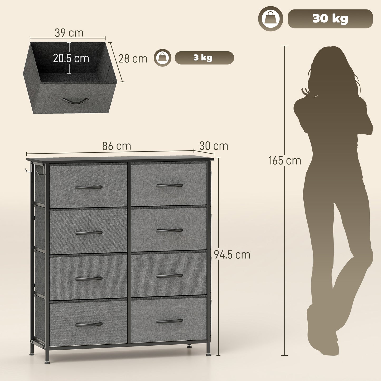 HOMCOM Chest of Eight Fabric Drawers - Charcoal Grey