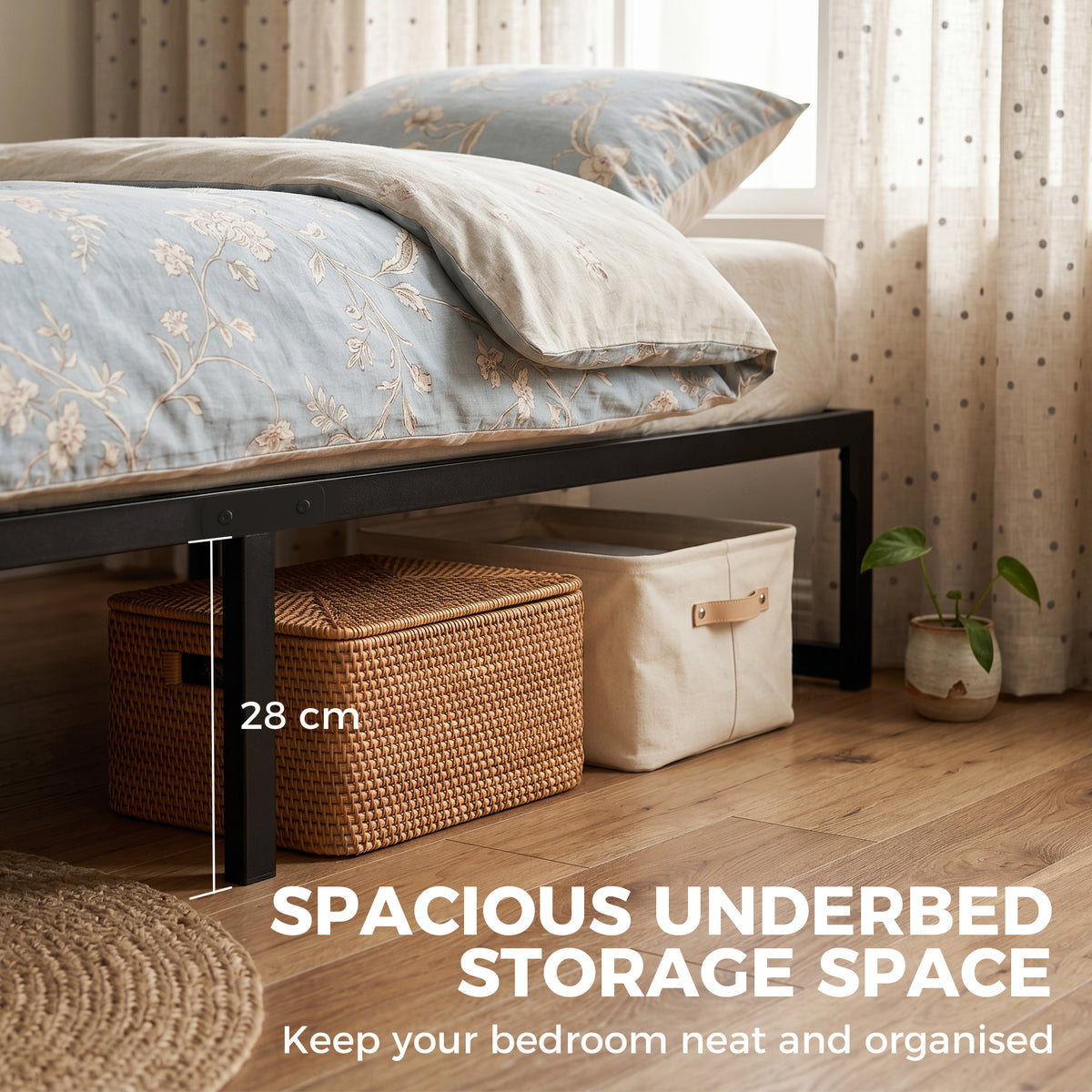 HOMCOM 4ft Small Double Bed Frame with Underbed Storage and Steel Slat Support, 32.5 cm Height, Noise-Free, Black