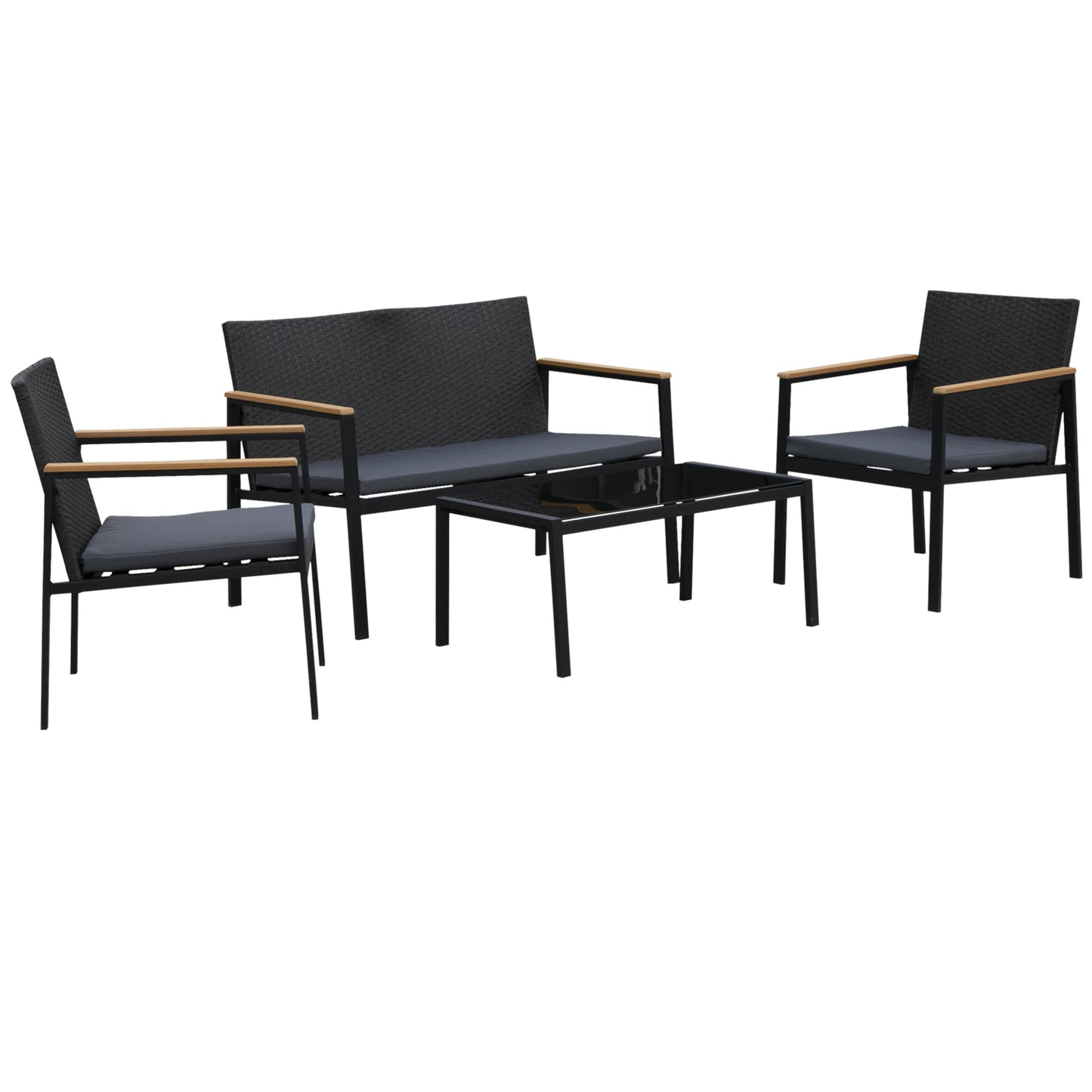 Photo of Outsunny 4 Pieces Rattan Garden Furniture Set, 4 Seater Garden Sofa Set with Loveseat, 2 Armchairs and Glass Top Coffee Table, Wicker Outdoor Conservatory Furniture with Cushions for Patio, Black in Black colour on a white background