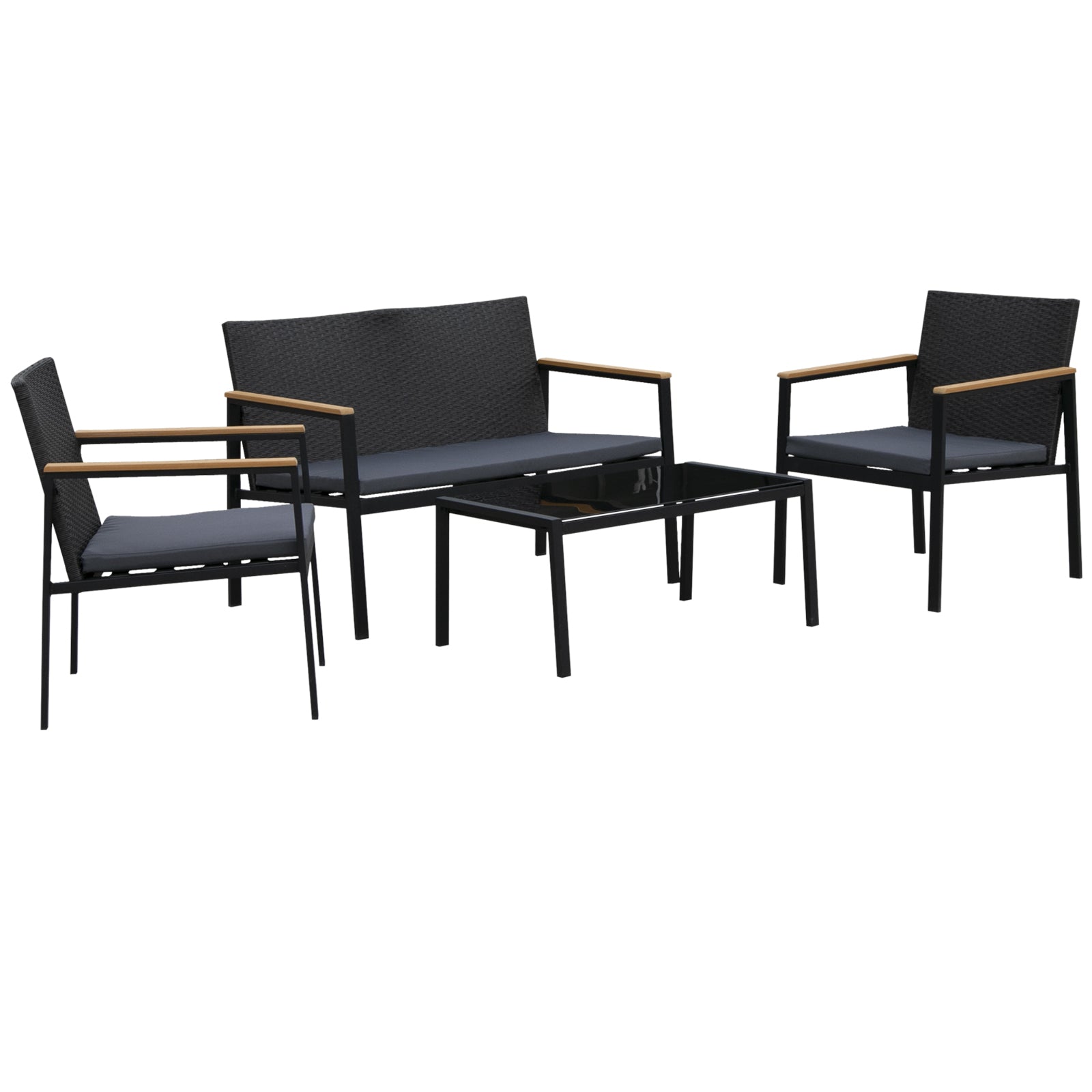 Photo of Outsunny 4 Pieces Rattan Garden Furniture Set, 4 Seater Garden Sofa Set with Loveseat, 2 Armchairs and Glass Top Coffee Table, Wicker Outdoor Conservatory Furniture with Cushions for Patio, Black in Black colour on a white background