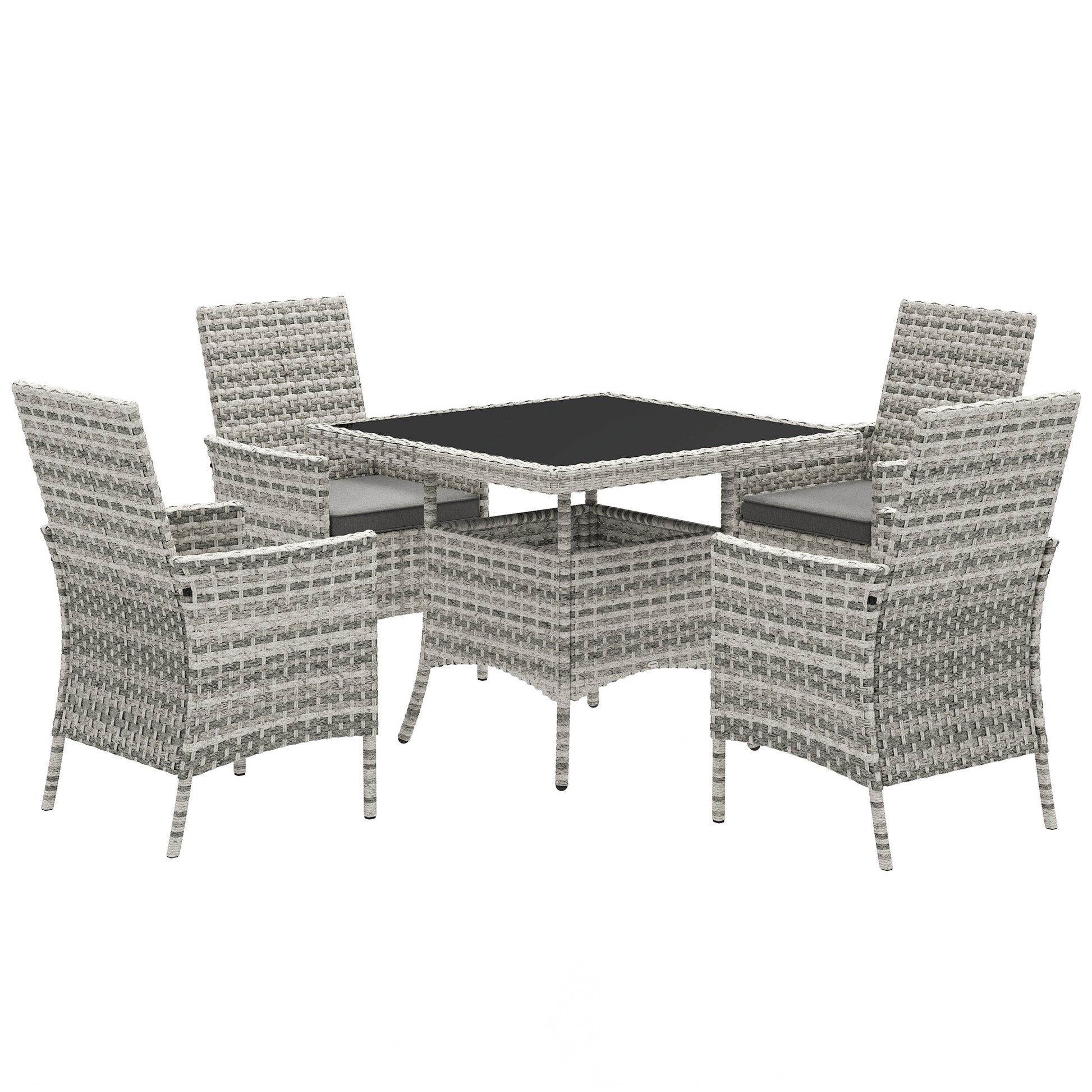 Photo of Outsunny Rattan Garden Furniture Set, Outdoor Dining Table and Chairs 4 Seater with Cushions, Square Tempered Glass Top, 4 Armchairs, for Balcony, Terrace, Conservatory, Mixed-Grey in Mixed-Grey colour on a white background