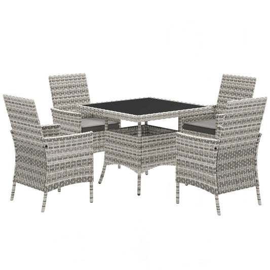 Photo of Outsunny Rattan Garden Furniture Set, Outdoor Dining Table and Chairs 4 Seater with Cushions, Square Tempered Glass Top, 4 Armchairs, for Balcony, Terrace, Conservatory, Mixed-Grey in Mixed-Grey colour on a white background