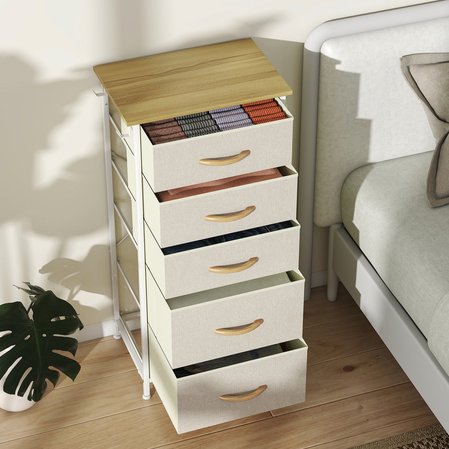 HOMCOM Chest of Five Fabric Drawers - Beige