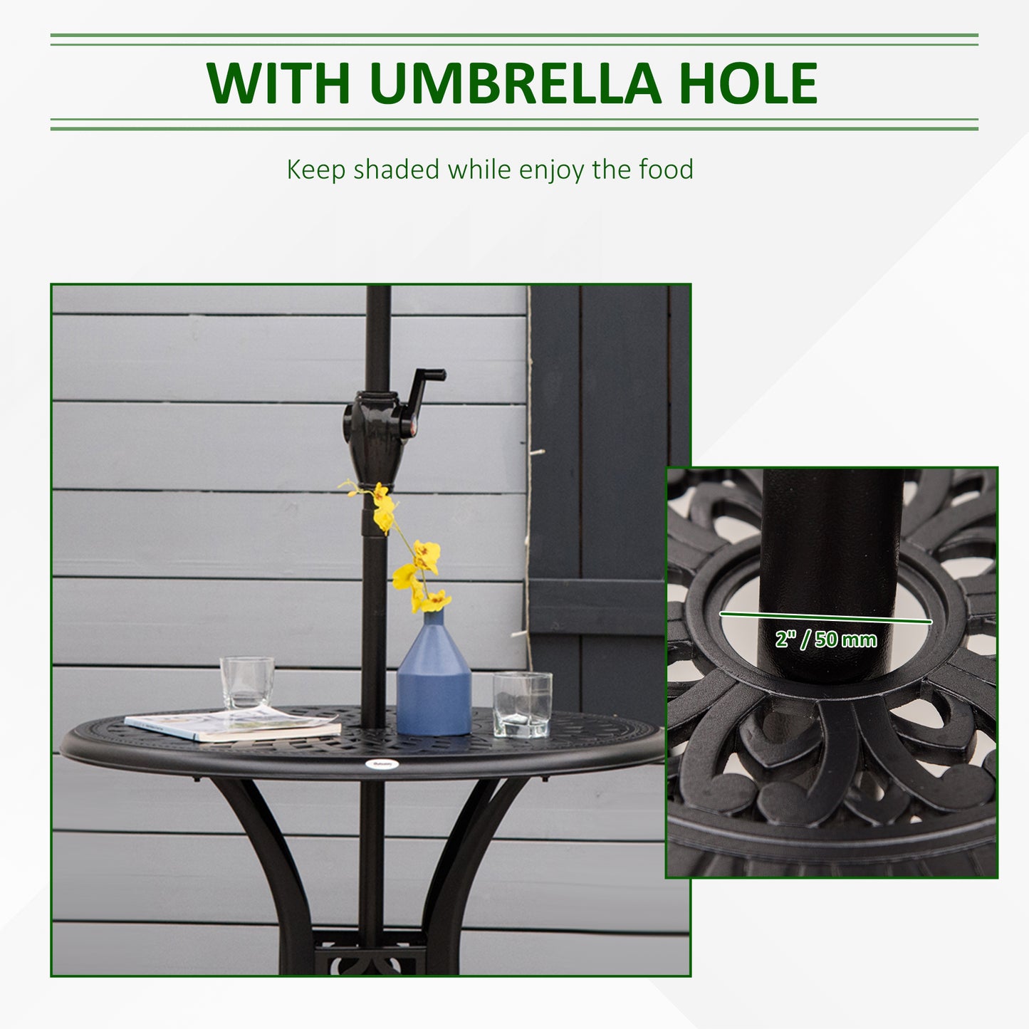 Outsunny 78 cm Round Garden Dining Table with Parasol Hole Antique Cast Aluminium Outdoor Table Only, Black