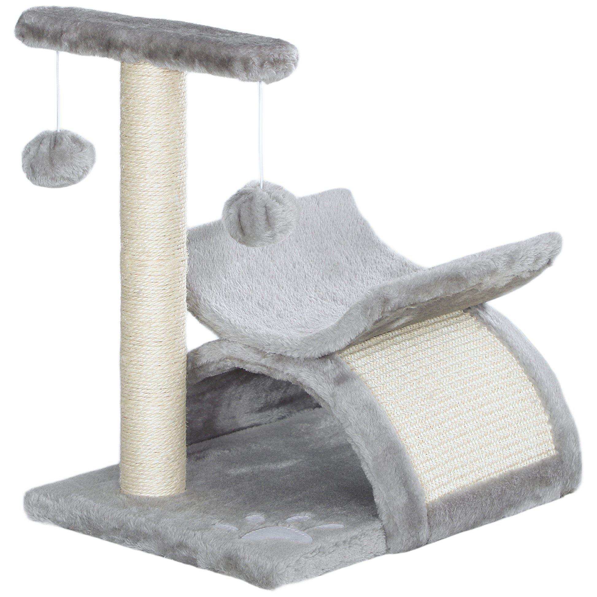 Photo of PawHut Cat Tree, Cat Tower for Kittens with Rotatable Top Bar, Sisal Scratching Post, Tunnel, Dangling Balls - Grey in Grey colour on a white background